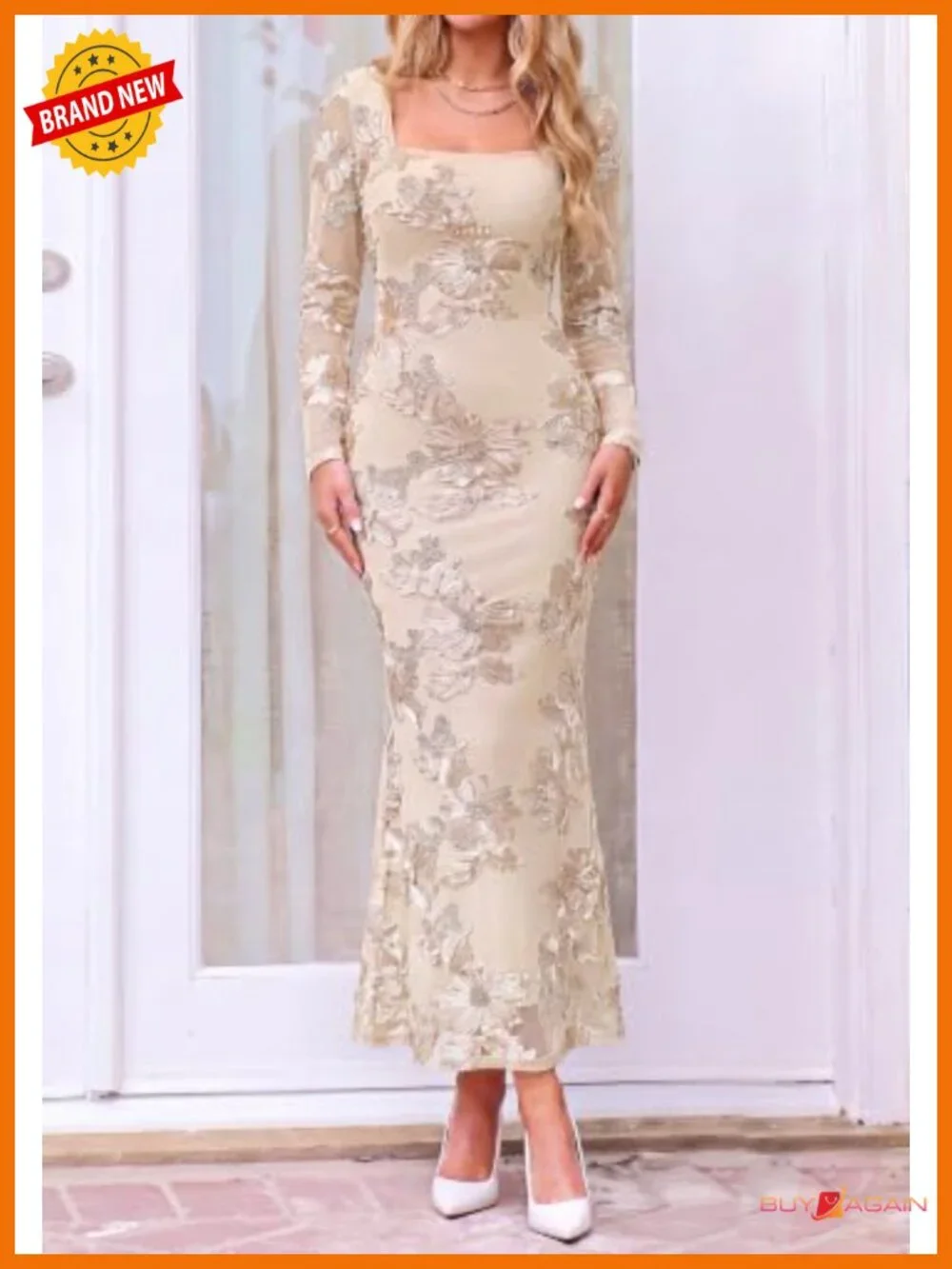 BTFBM Women's Long Sleeve Mesh Floral Mermaid Maxi Dress Wedding Guest